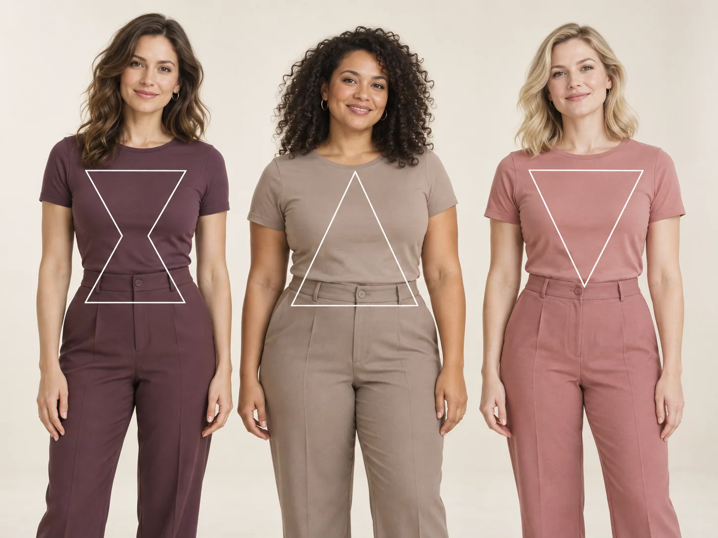 Three women with different proportions and body shape guides overlaid on their outfits