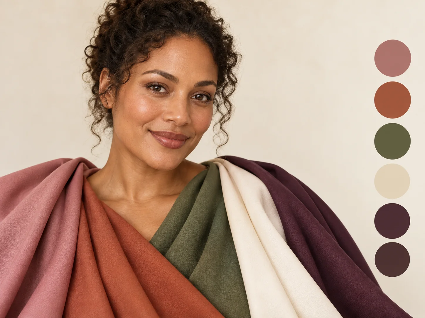 A woman draped in different fabric colors beside a personal color palette