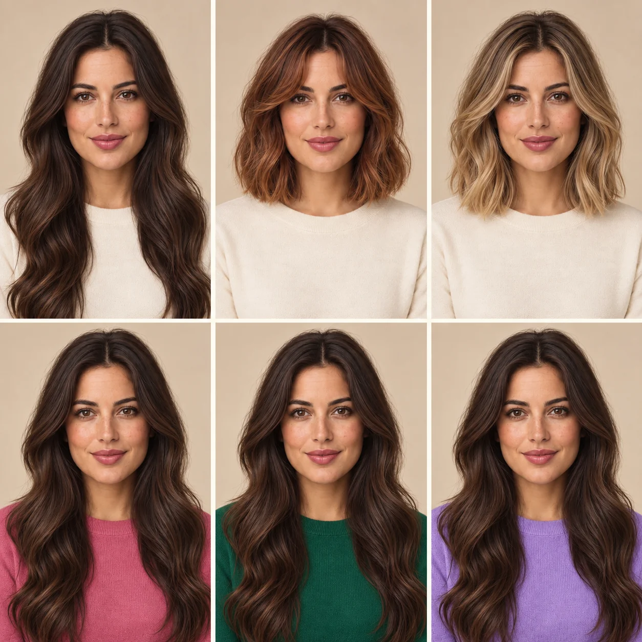 The same woman with three hairstyles and hair colors above three clothing colors: pink, green and purple