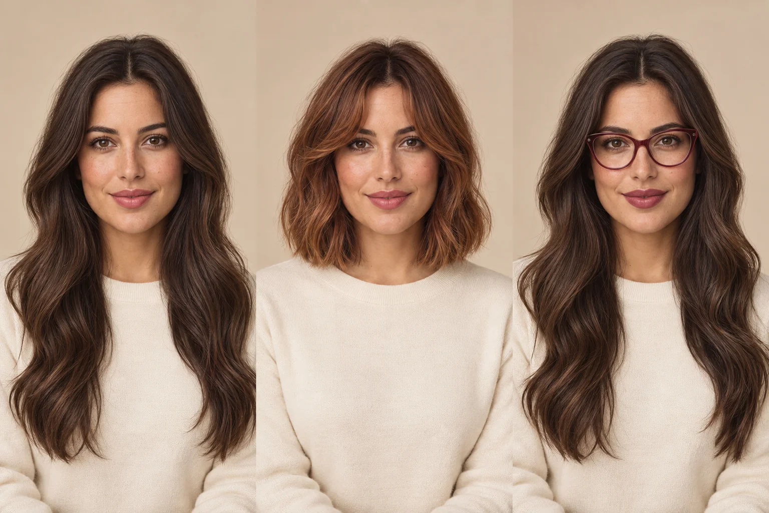 Three looks on the same woman: long dark hair, a shorter copper hairstyle, and glasses